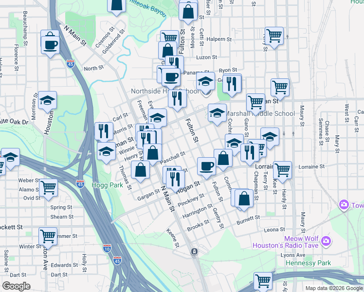 map of restaurants, bars, coffee shops, grocery stores, and more near 2112 Everett Street in Houston