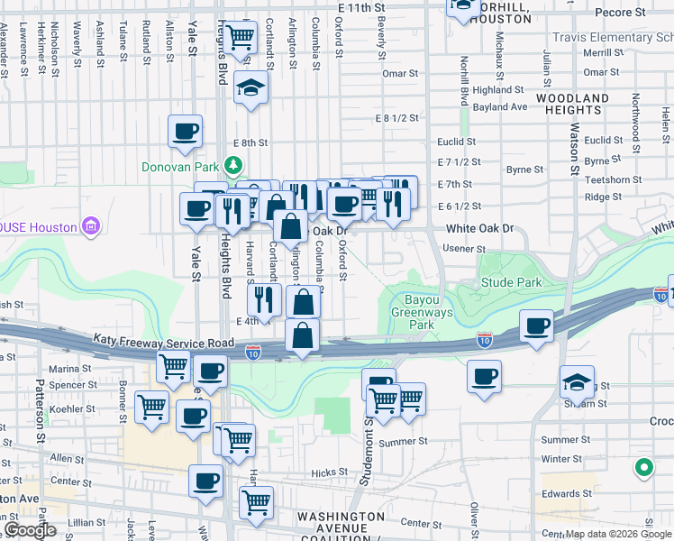 map of restaurants, bars, coffee shops, grocery stores, and more near 448 Columbia Street in Houston