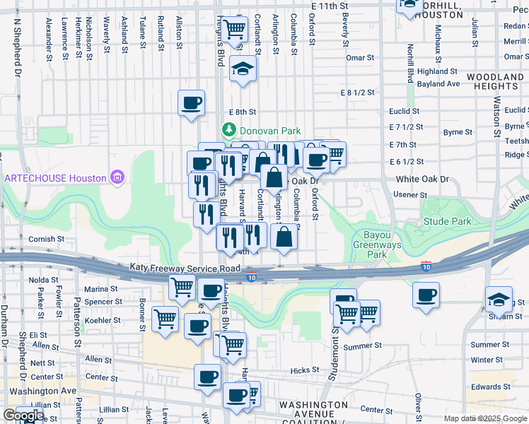 map of restaurants, bars, coffee shops, grocery stores, and more near 254 East 5th Street in Houston