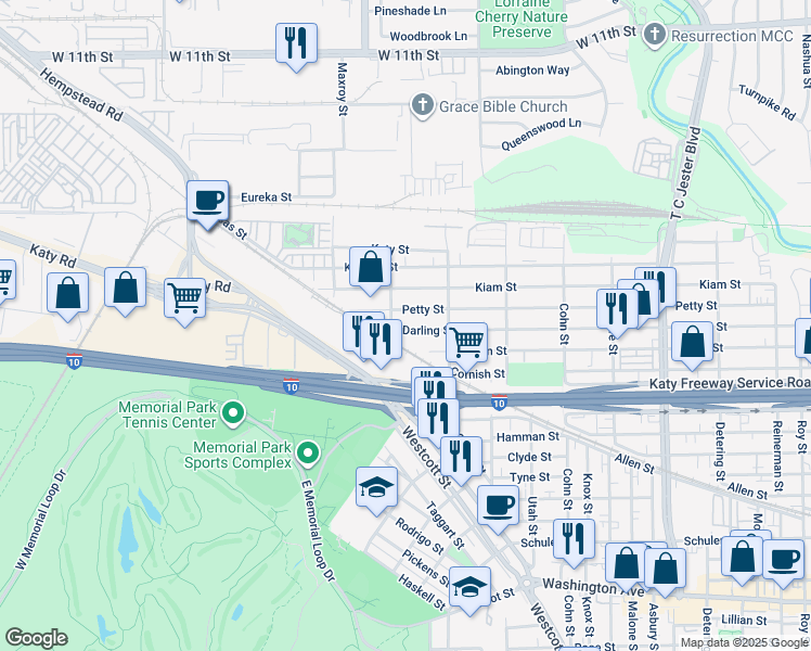 map of restaurants, bars, coffee shops, grocery stores, and more near 5845 Darling Street in Houston