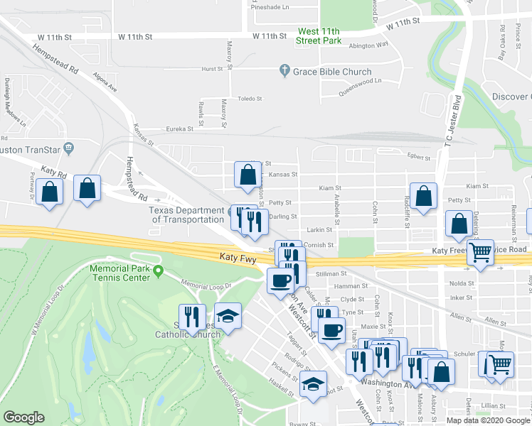 map of restaurants, bars, coffee shops, grocery stores, and more near 5845 Darling Street in Houston