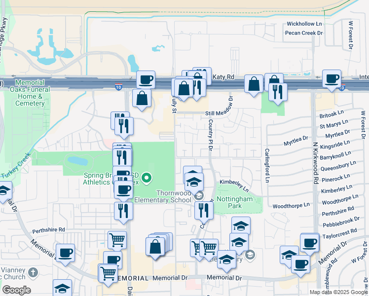 map of restaurants, bars, coffee shops, grocery stores, and more near 14463 Misty Meadow Lane in Houston