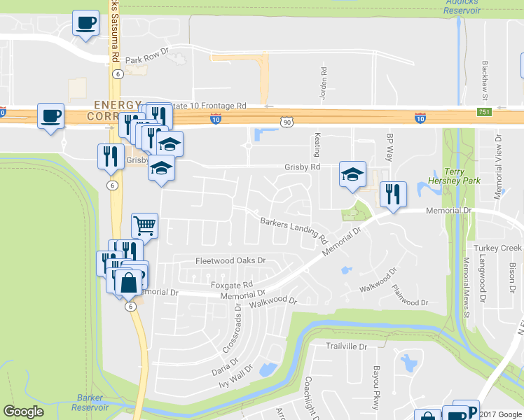 map of restaurants, bars, coffee shops, grocery stores, and more near 422 West Fair Harbor Lane in Houston