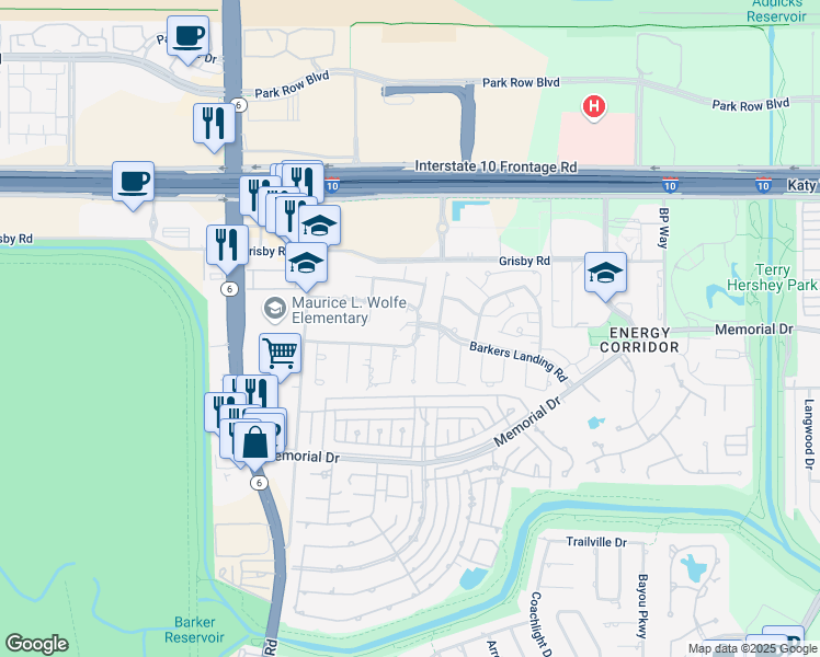 map of restaurants, bars, coffee shops, grocery stores, and more near 15822 South Barkers Landing Road in Houston