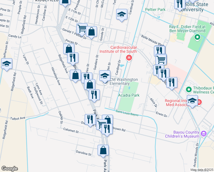 map of restaurants, bars, coffee shops, grocery stores, and more near 200 Iris Street in Thibodaux