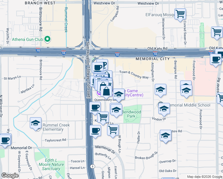 map of restaurants, bars, coffee shops, grocery stores, and more near 801 Town and Country Boulevard in Houston