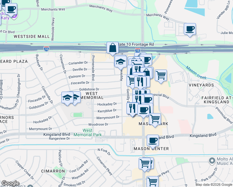 map of restaurants, bars, coffee shops, grocery stores, and more near 22111 Provincial Boulevard in Katy