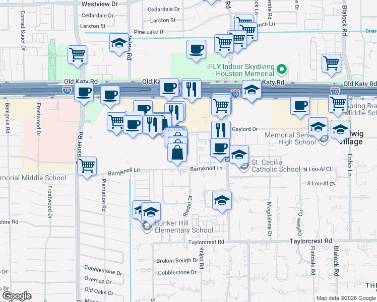 map of restaurants, bars, coffee shops, grocery stores, and more near 11900 Barryknoll Lane in Houston