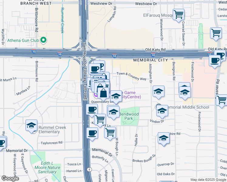 map of restaurants, bars, coffee shops, grocery stores, and more near 811 Town & Country Lane in Houston