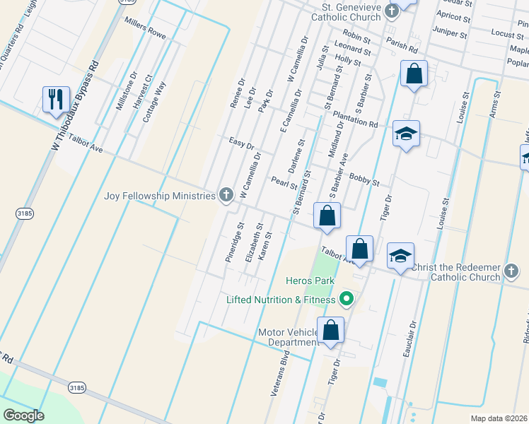 map of restaurants, bars, coffee shops, grocery stores, and more near 2042 Elizabeth Street in Thibodaux