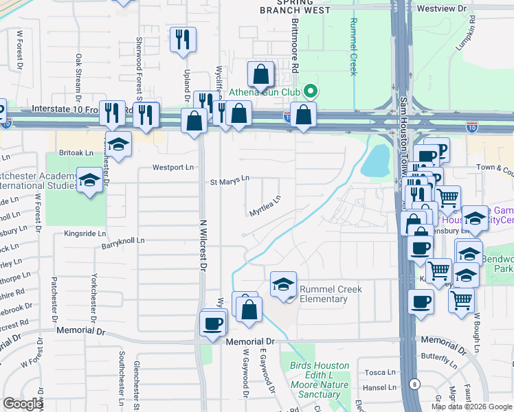 map of restaurants, bars, coffee shops, grocery stores, and more near 814 Myrtlea Lane in Houston