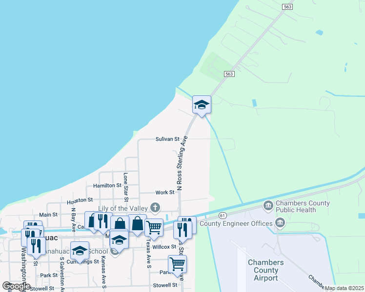 map of restaurants, bars, coffee shops, grocery stores, and more near 563 Farm to Market Road 563 in Anahuac