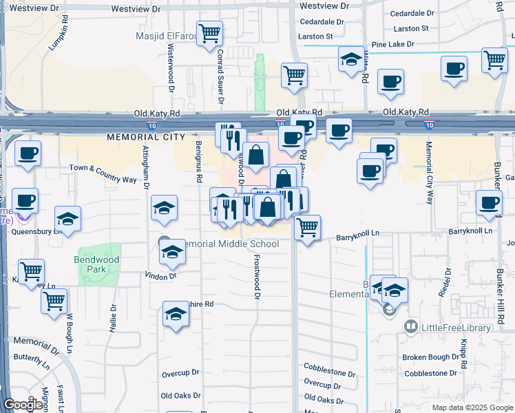 map of restaurants, bars, coffee shops, grocery stores, and more near 902 Frostwood Drive in Houston
