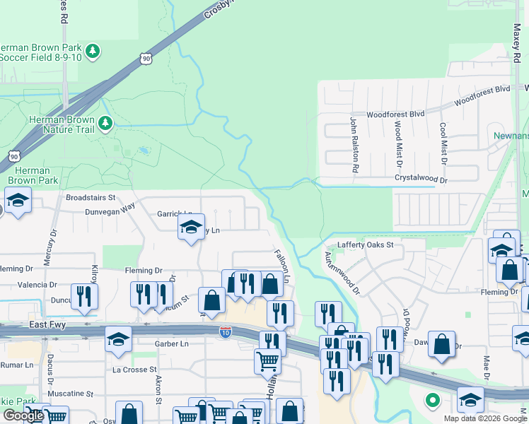 map of restaurants, bars, coffee shops, grocery stores, and more near 551 Falloon Lane in Houston
