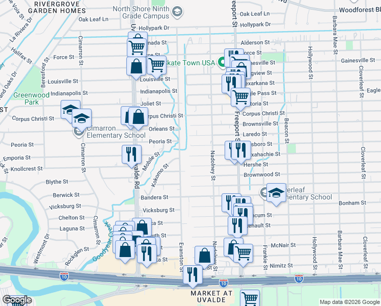 map of restaurants, bars, coffee shops, grocery stores, and more near 901 Evanston Street in Houston