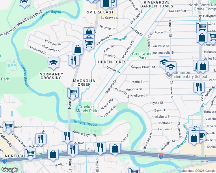 map of restaurants, bars, coffee shops, grocery stores, and more near 909 Redondo Drive in Houston
