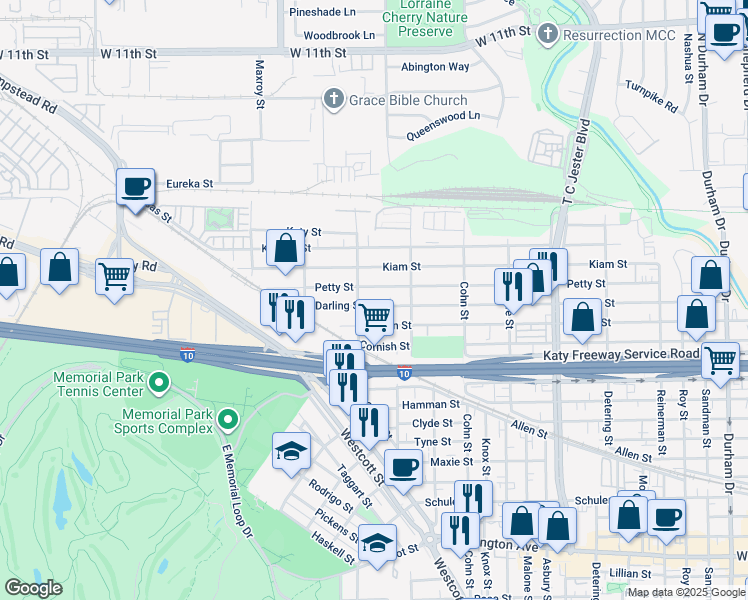map of restaurants, bars, coffee shops, grocery stores, and more near 5729 Darling Street in Houston