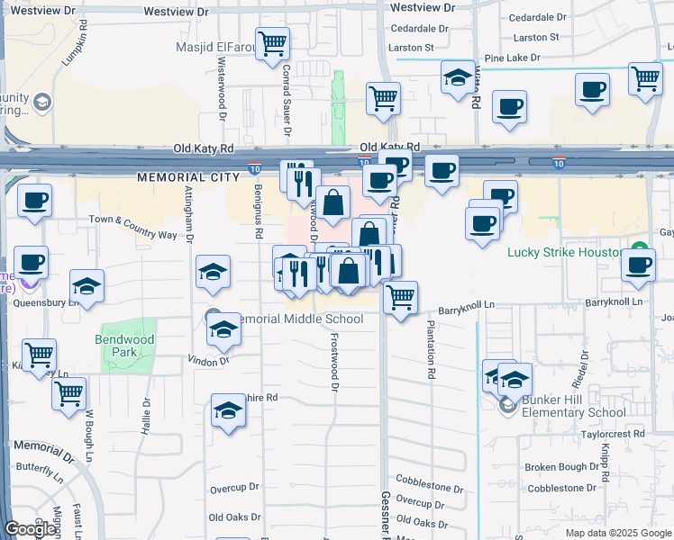 map of restaurants, bars, coffee shops, grocery stores, and more near 959 Frostwood Drive in Houston