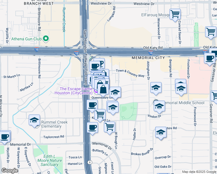 map of restaurants, bars, coffee shops, grocery stores, and more near 801 Town and Country Boulevard in Houston