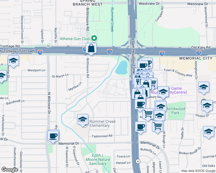 map of restaurants, bars, coffee shops, grocery stores, and more near 12994 Trail Hollow Drive in Houston