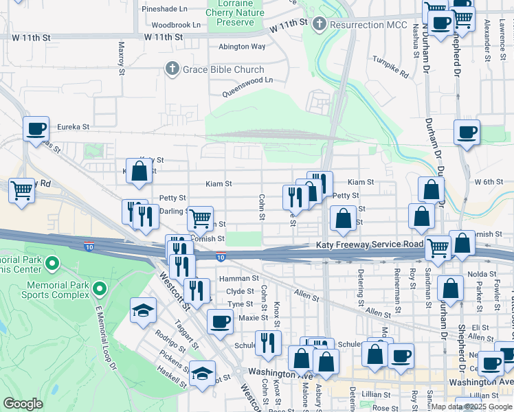 map of restaurants, bars, coffee shops, grocery stores, and more near 5607 Darling Street in Houston
