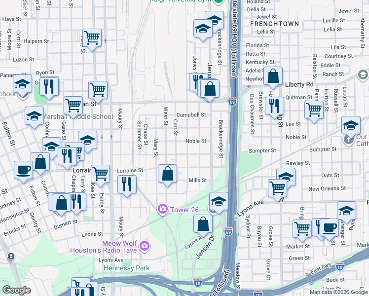 map of restaurants, bars, coffee shops, grocery stores, and more near 1920 Carr Street in Houston
