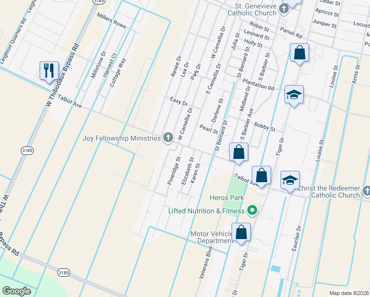 map of restaurants, bars, coffee shops, grocery stores, and more near 2042-2506 Elizabeth St in Thibodaux