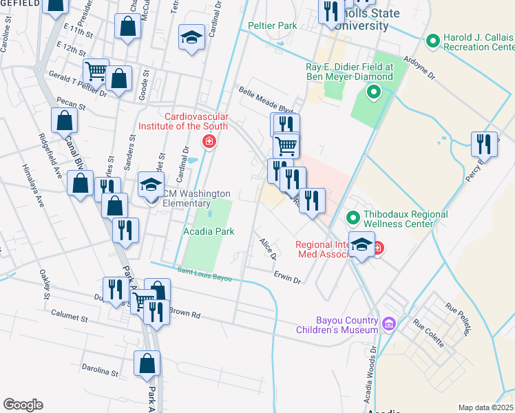 map of restaurants, bars, coffee shops, grocery stores, and more near 2104 Audubon Avenue in Thibodaux