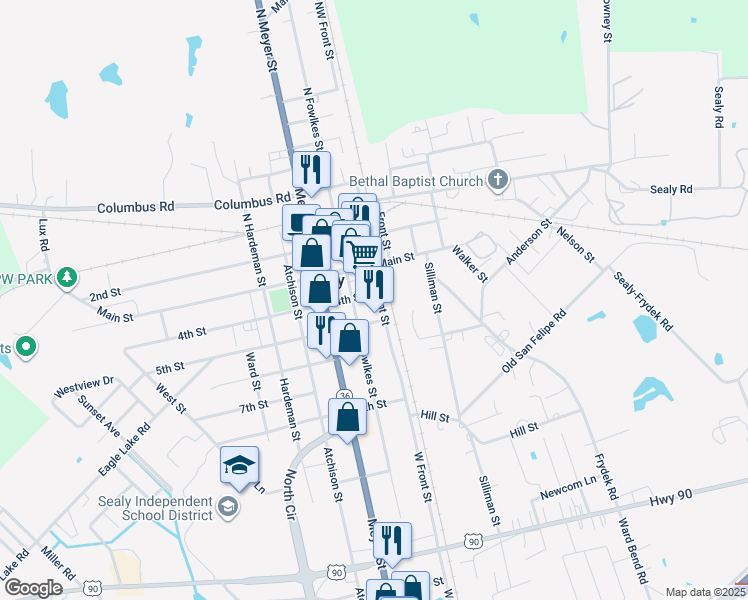 map of restaurants, bars, coffee shops, grocery stores, and more near 104 4th Street in Sealy