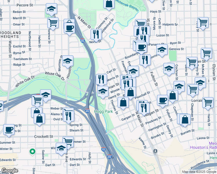 map of restaurants, bars, coffee shops, grocery stores, and more near 309 Quitman Street in Houston