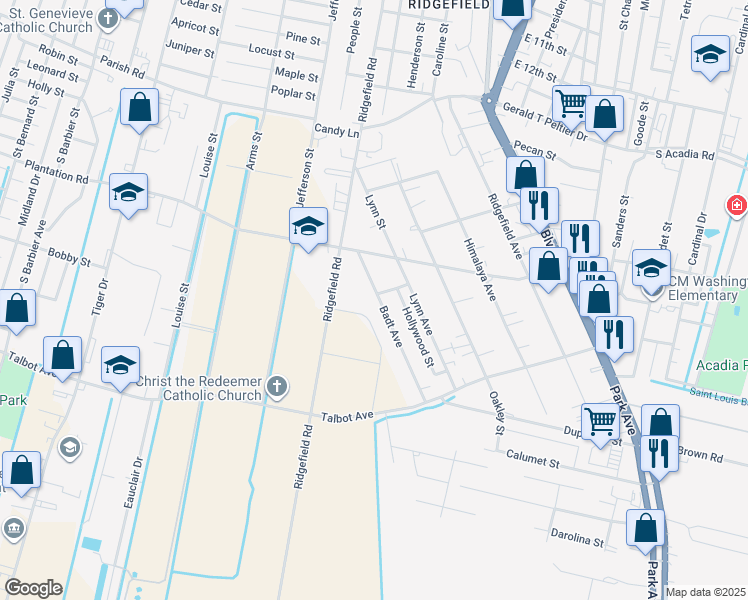 map of restaurants, bars, coffee shops, grocery stores, and more near 1702 Badt Avenue in Thibodaux