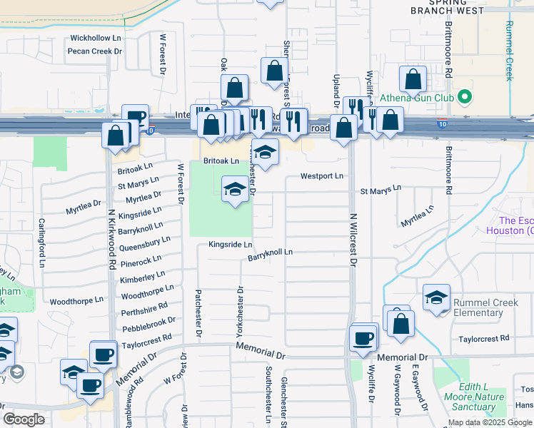 map of restaurants, bars, coffee shops, grocery stores, and more near 13622 Kingsride Lane in Houston