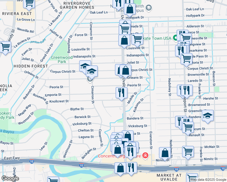 map of restaurants, bars, coffee shops, grocery stores, and more near 13354 Emporia Street in Houston