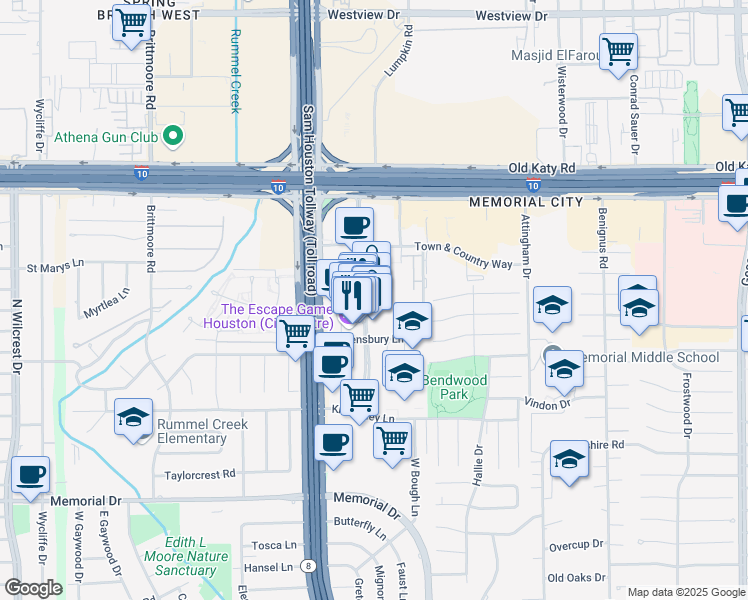 map of restaurants, bars, coffee shops, grocery stores, and more near 796 Town and Country Boulevard in Houston
