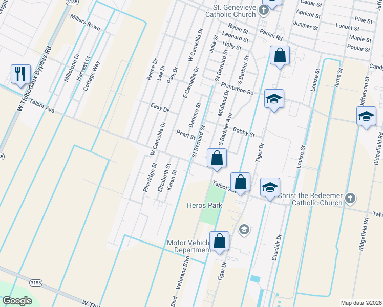 map of restaurants, bars, coffee shops, grocery stores, and more near 1501-1599 Talbot Avenue in Thibodaux