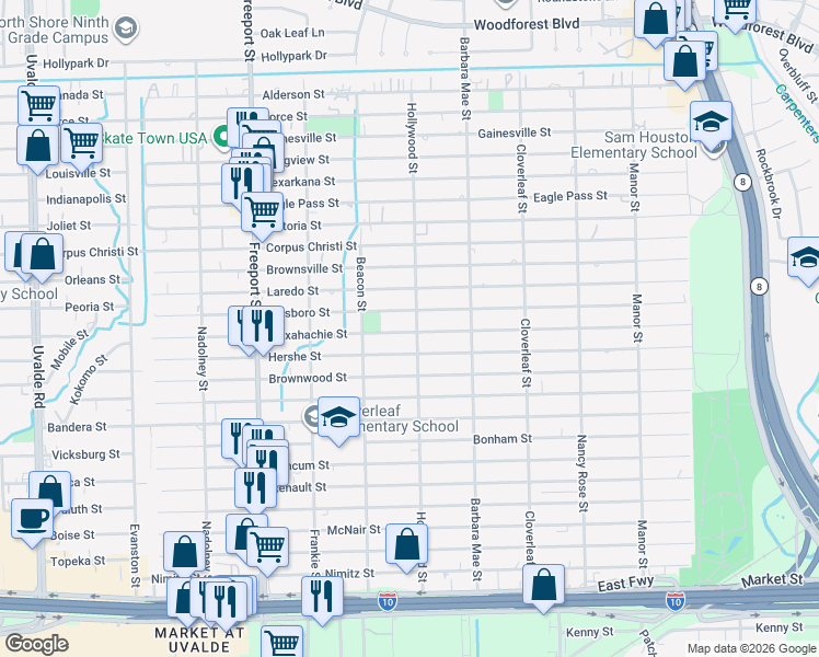 map of restaurants, bars, coffee shops, grocery stores, and more near 910 Hollywood Street in Houston