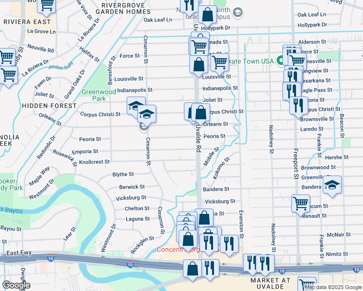 map of restaurants, bars, coffee shops, grocery stores, and more near 13354 Emporia Street in Houston