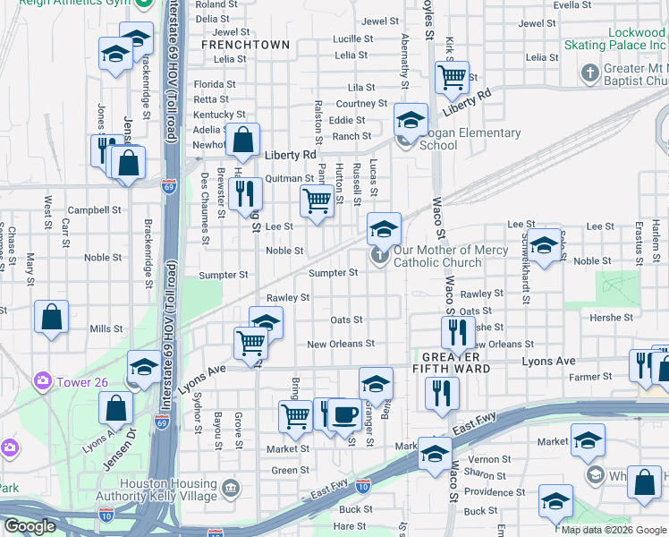 map of restaurants, bars, coffee shops, grocery stores, and more near 1915 Pannell Street in Houston