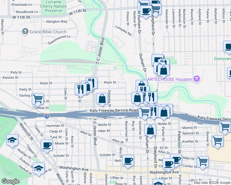 map of restaurants, bars, coffee shops, grocery stores, and more near 5230 Larkin Street in Houston
