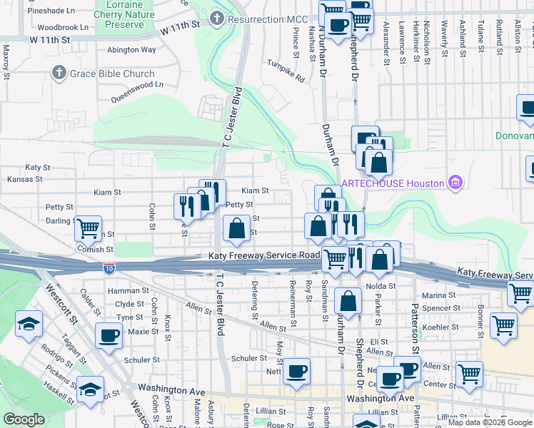 map of restaurants, bars, coffee shops, grocery stores, and more near 5230 Larkin Street in Houston