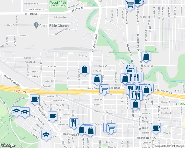 map of restaurants, bars, coffee shops, grocery stores, and more near 451 T C Jester Boulevard in Houston