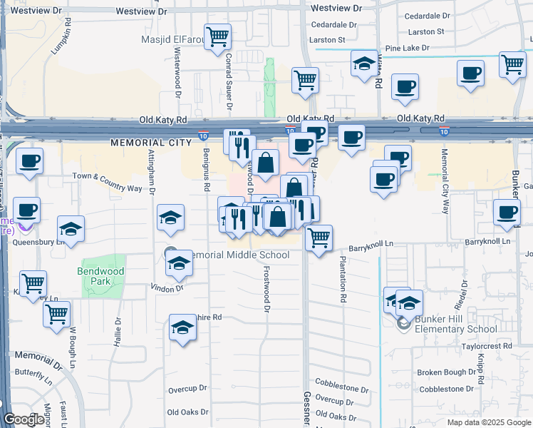 map of restaurants, bars, coffee shops, grocery stores, and more near 959 Frostwood Drive in Houston