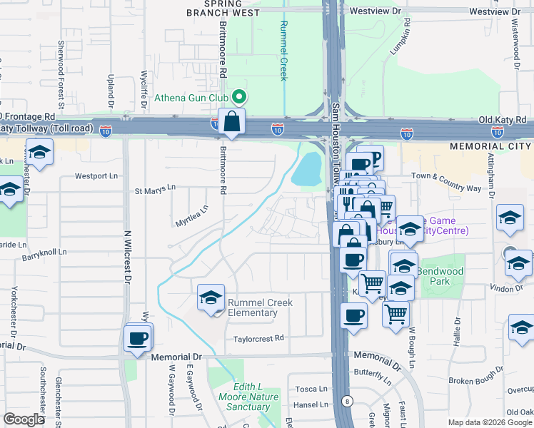 map of restaurants, bars, coffee shops, grocery stores, and more near 12994 Trail Hollow Drive in Houston