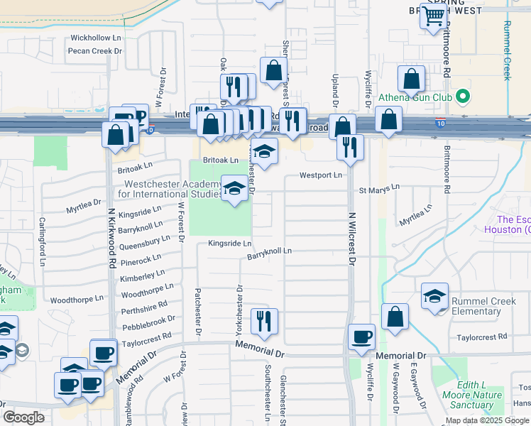 map of restaurants, bars, coffee shops, grocery stores, and more near 13622 Kingsride Lane in Houston