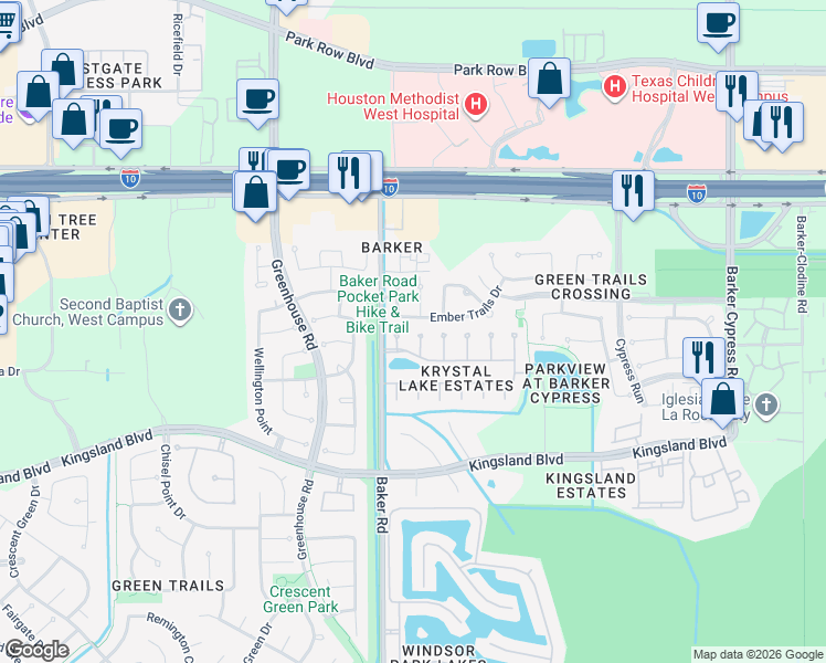 map of restaurants, bars, coffee shops, grocery stores, and more near 415 Spring Trace Court in Houston