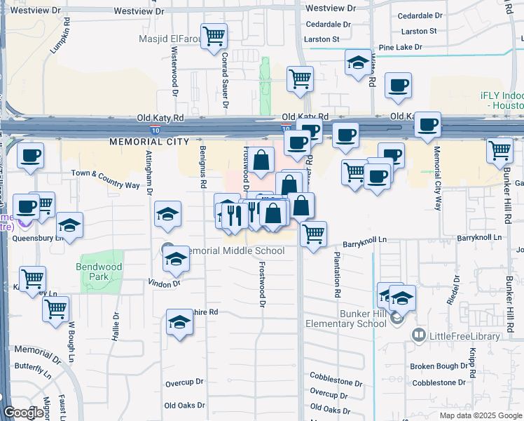 map of restaurants, bars, coffee shops, grocery stores, and more near 902 Frostwood Drive in Houston
