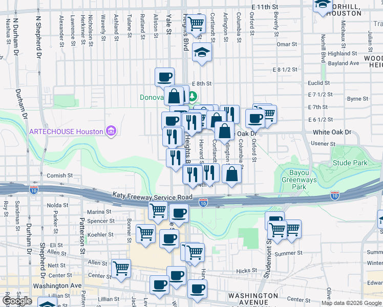 map of restaurants, bars, coffee shops, grocery stores, and more near 102 East 5th Street in Houston