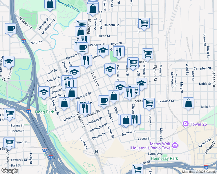 map of restaurants, bars, coffee shops, grocery stores, and more near 1109 James in Houston