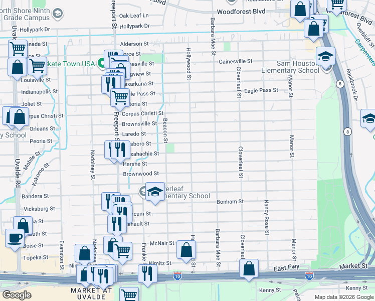 map of restaurants, bars, coffee shops, grocery stores, and more near 910 Hollywood Street in Houston