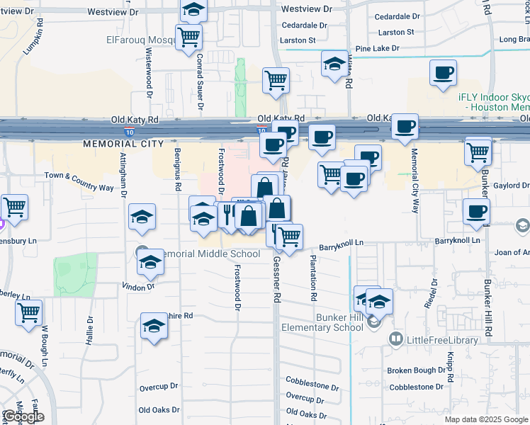 map of restaurants, bars, coffee shops, grocery stores, and more near 12320 Kingsride Lane in Houston
